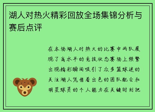 湖人对热火精彩回放全场集锦分析与赛后点评